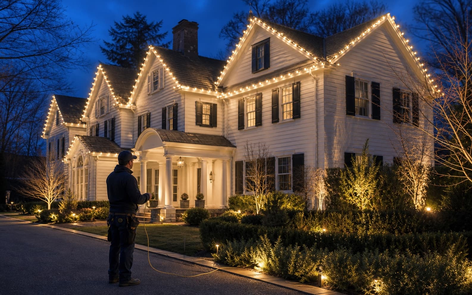 Holiday lighting design concept showing a technician finishing warm-white roofline lights on a colonial home